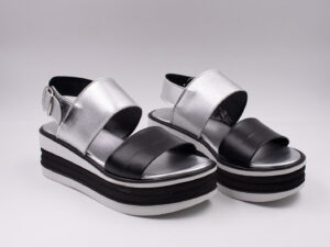 Sandalo donna - pelle colore Nero+lam.argento Fondo bicolor nero/bianco